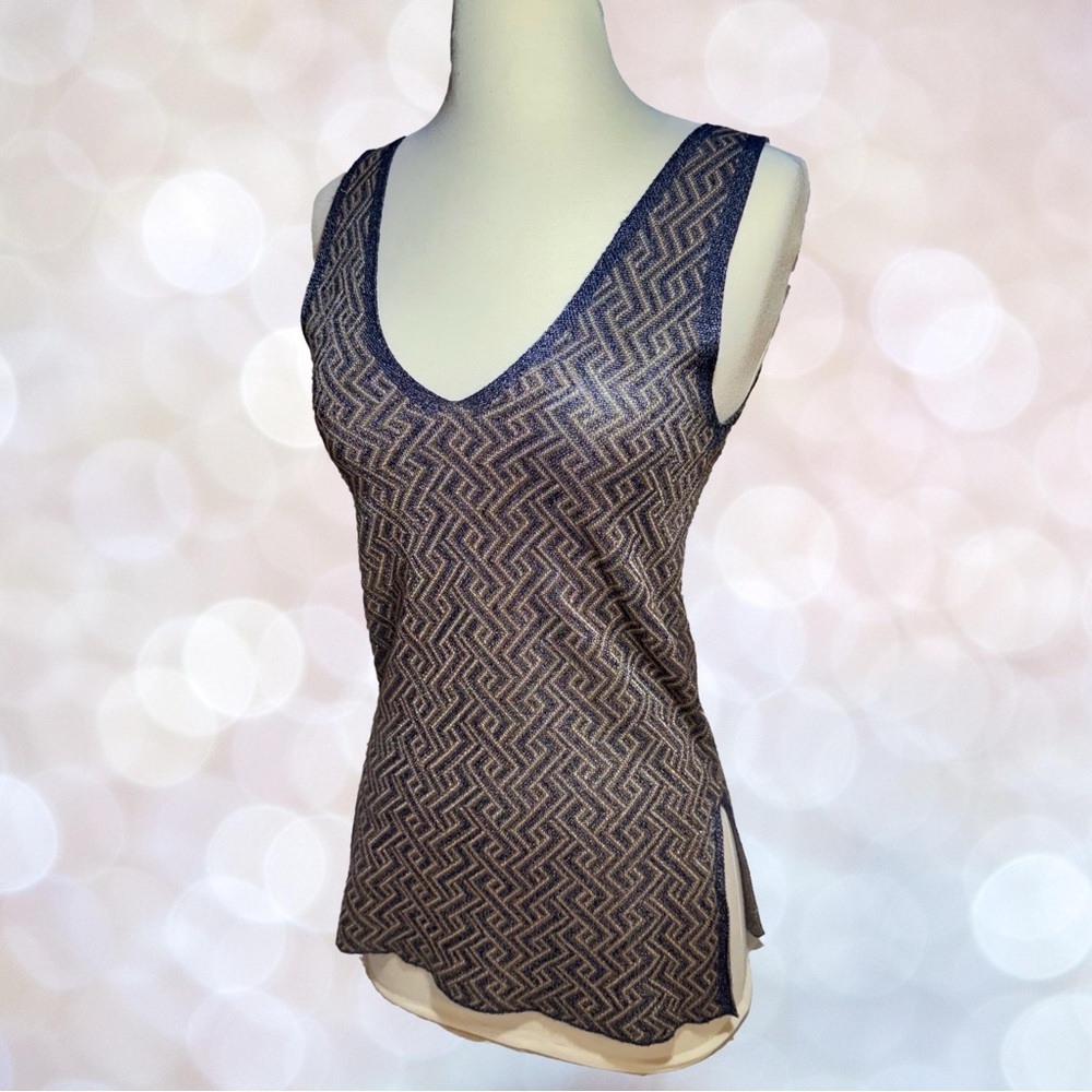 Zara Knit Fitted Tank Top - Blue Gray and Gold Gatsby Pattern